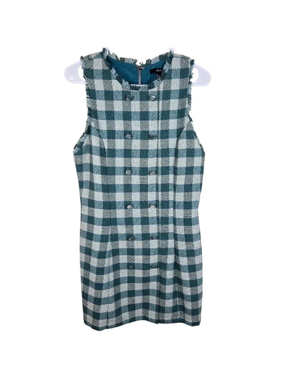 Sleeveless Tweed Dress Size M Frayed Edges Double-Breasted Button Front Green